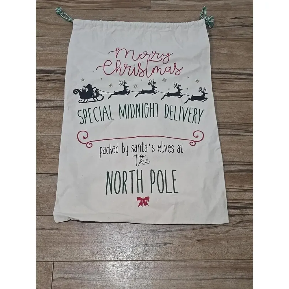 NEW CHRISTMAS LARGE BURLAP COTTON SACK GIFT TOTE BAG w/‎ DRAWSTRING